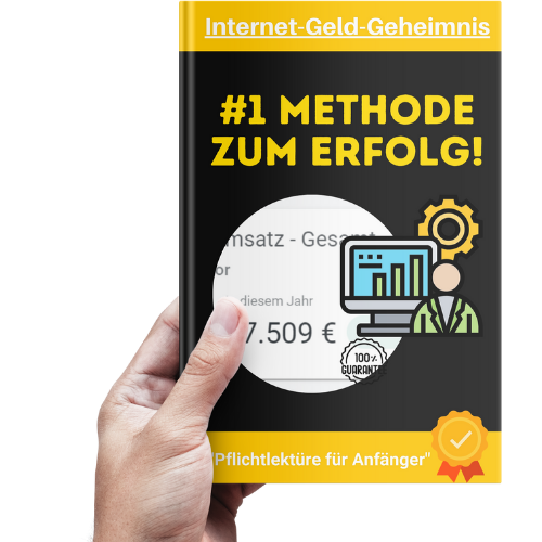 Produkt-Mockup des E-Books Internet Geld Geheimnis mit schwarz-gelbem Cover